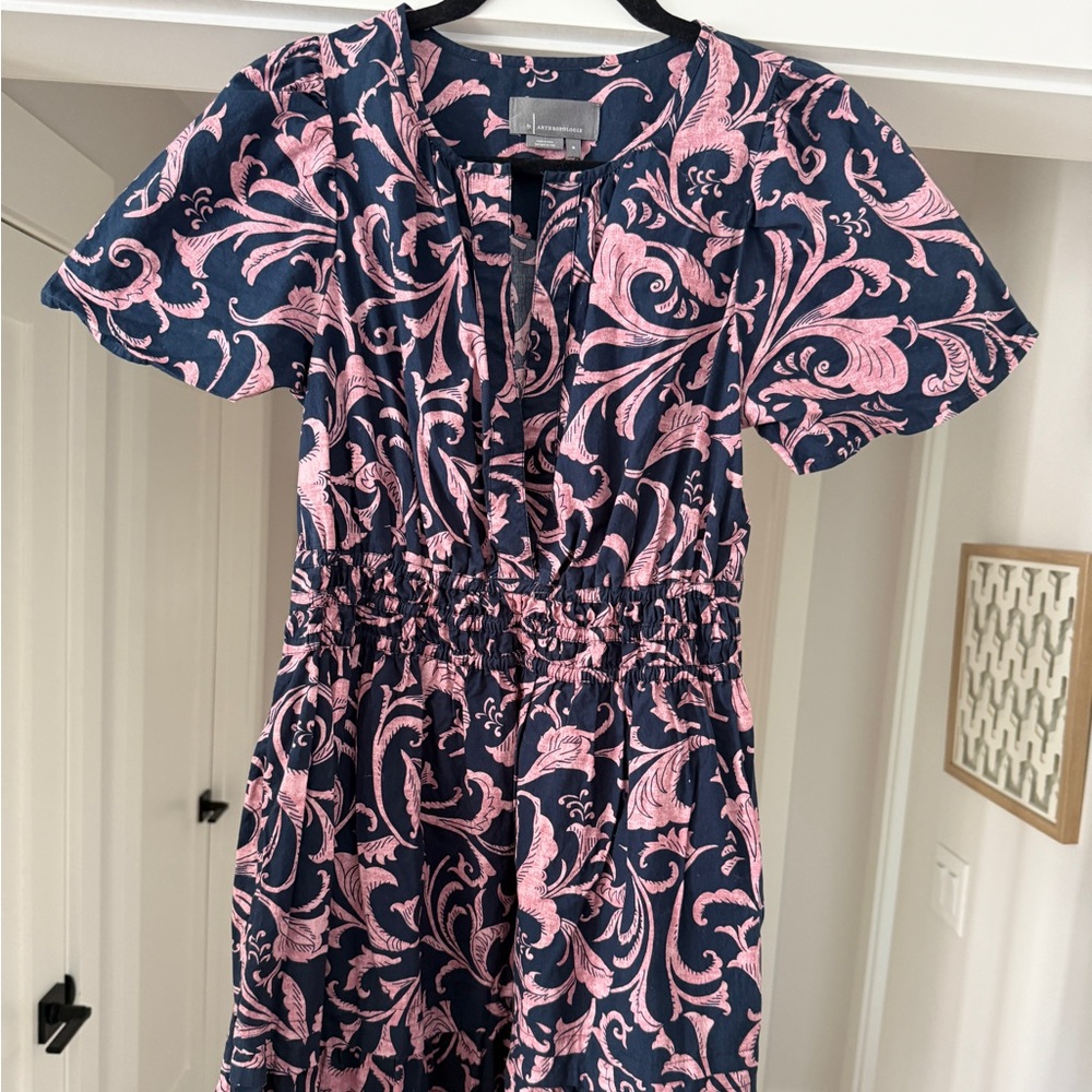 Anthropologie Navy and Pink Scroll-Print Midi Dress